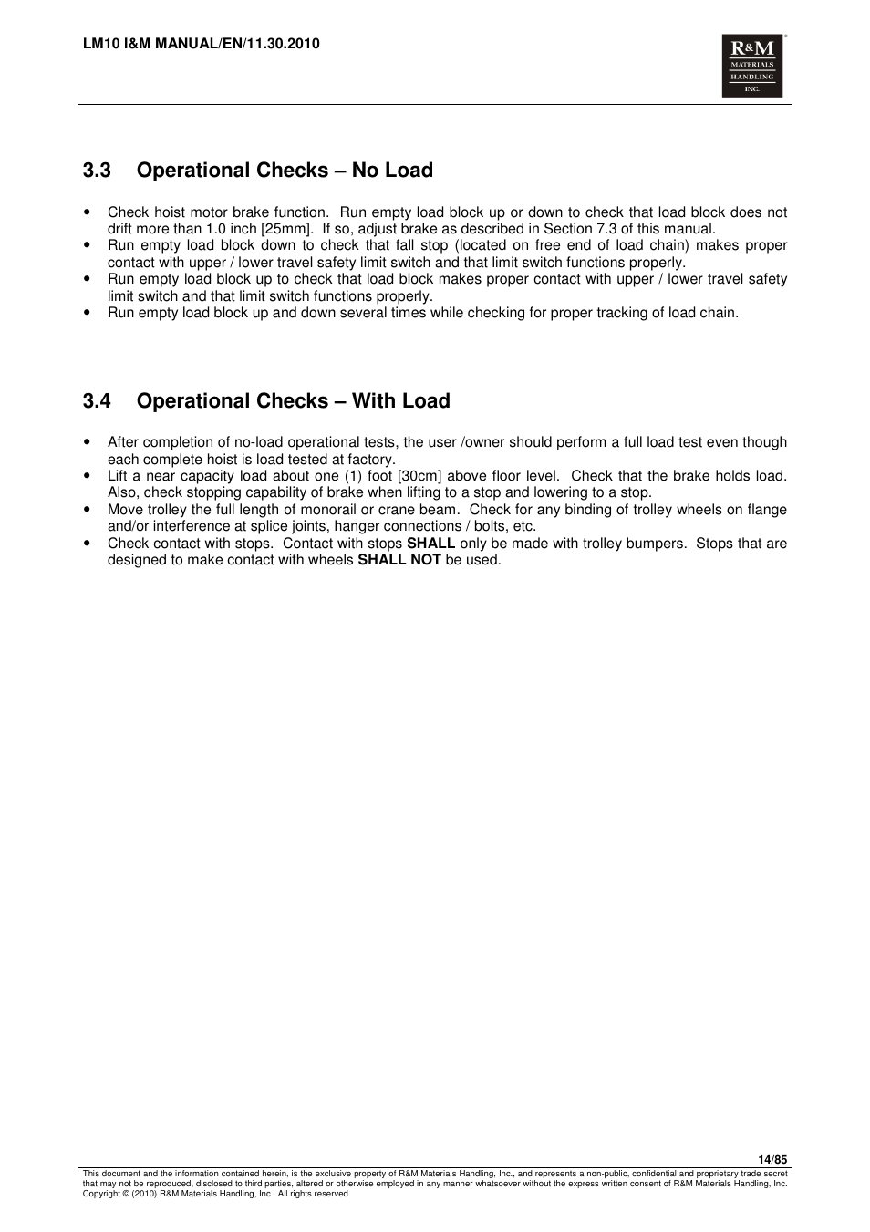 3 operational checks – no load, 4 operational checks – with load | R&M Materials Handling ELECTRIC CHAIN HOISTS LoadMate Chain Hoist LM 10 User Manual | Page 14 / 85