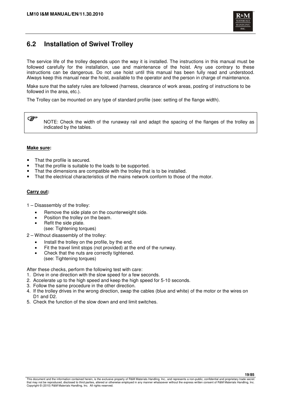 2 installation of swivel trolley | R&M Materials Handling ELECTRIC CHAIN HOISTS LoadMate Chain Hoist LM 10 User Manual | Page 19 / 85