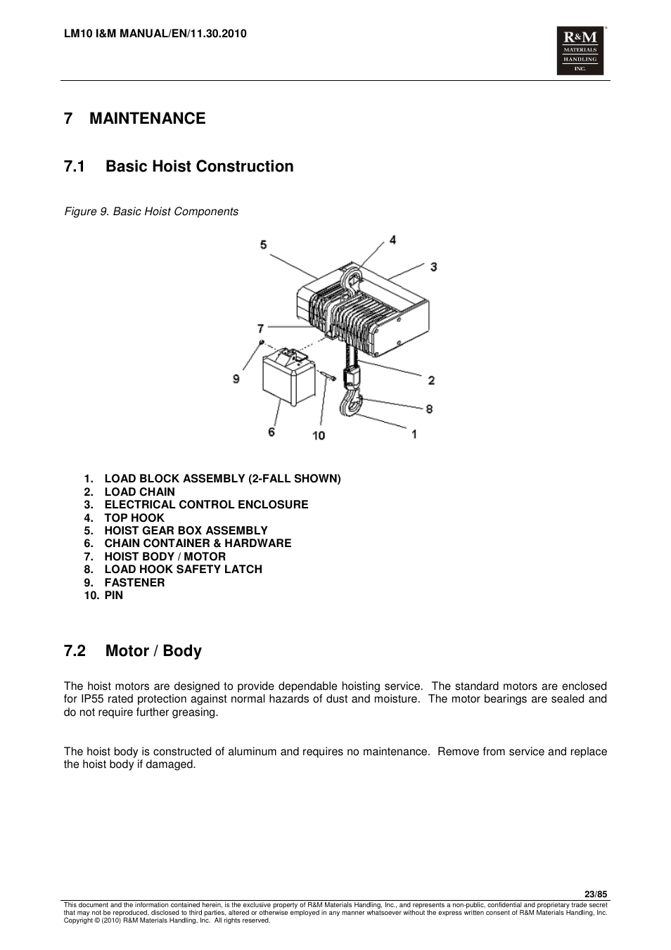 7 maintenance, 1 basic hoist construction, 2 motor / body | R&M Materials Handling ELECTRIC CHAIN HOISTS LoadMate Chain Hoist LM 10 User Manual | Page 23 / 85
