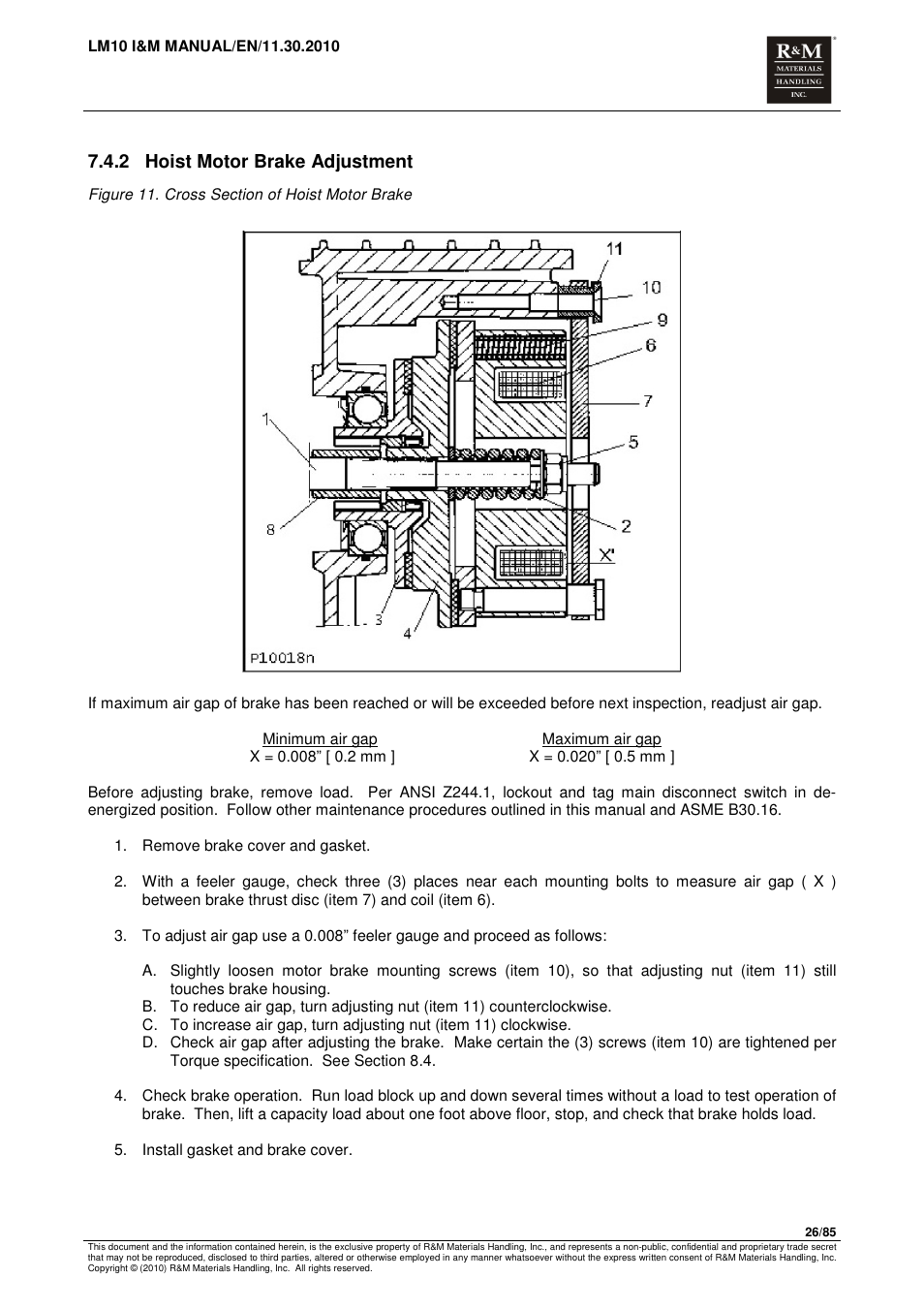 2 hoist motor brake adjustment | R&M Materials Handling ELECTRIC CHAIN HOISTS LoadMate Chain Hoist LM 10 User Manual | Page 26 / 85