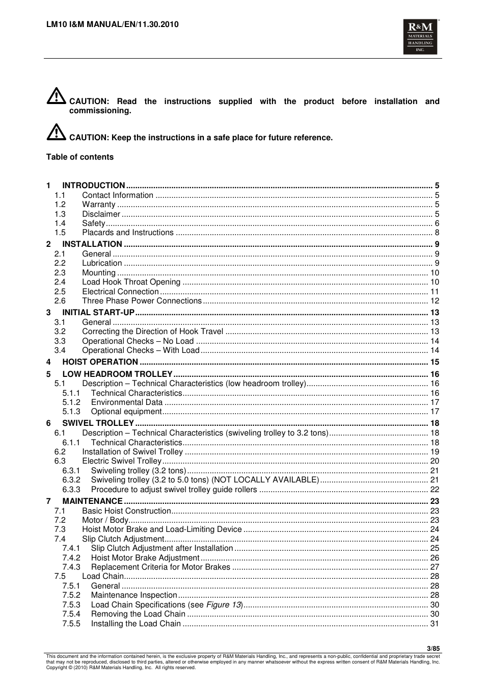 R&M Materials Handling ELECTRIC CHAIN HOISTS LoadMate Chain Hoist LM 10 User Manual | Page 3 / 85