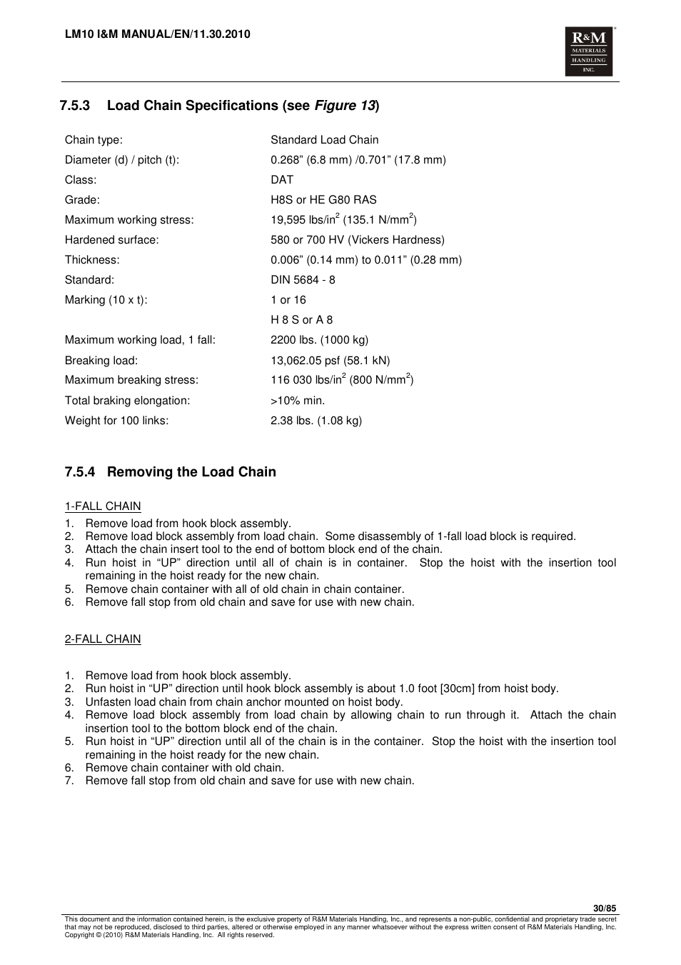 3 load chain specifications (see figure 13 ), 4 removing the load chain | R&M Materials Handling ELECTRIC CHAIN HOISTS LoadMate Chain Hoist LM 10 User Manual | Page 30 / 85