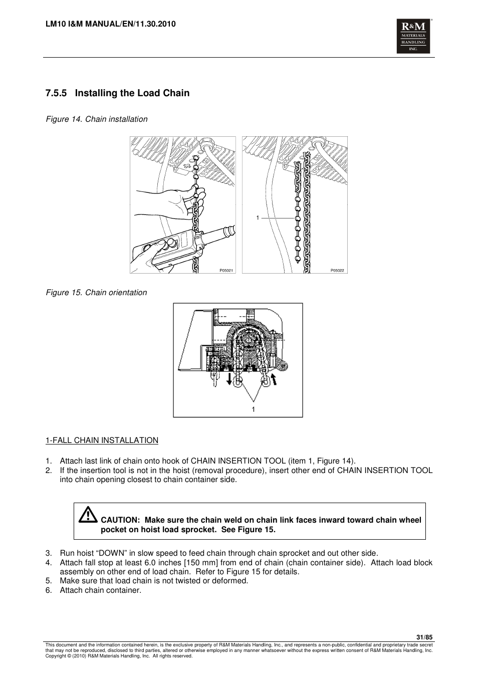 5 installing the load chain | R&M Materials Handling ELECTRIC CHAIN HOISTS LoadMate Chain Hoist LM 10 User Manual | Page 31 / 85