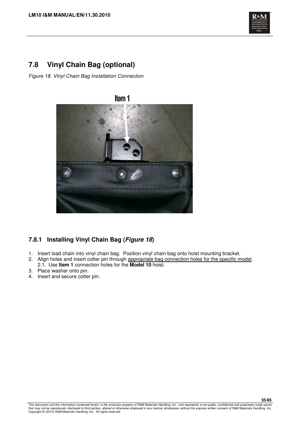 8 vinyl chain bag (optional), 1 installing vinyl chain bag ( figure 18 ) | R&M Materials Handling ELECTRIC CHAIN HOISTS LoadMate Chain Hoist LM 10 User Manual | Page 35 / 85