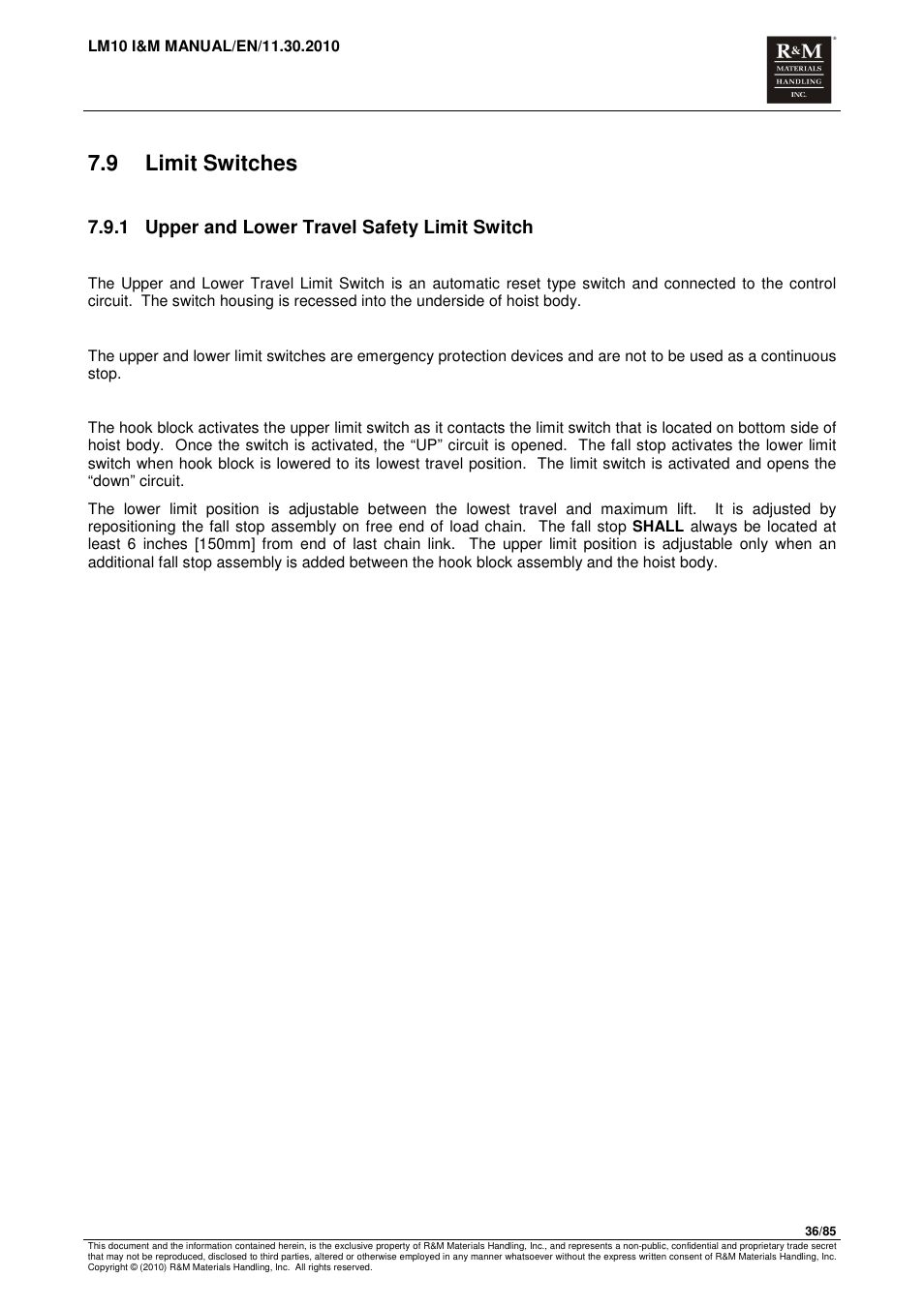 9 limit switches, 1 upper and lower travel safety limit switch | R&M Materials Handling ELECTRIC CHAIN HOISTS LoadMate Chain Hoist LM 10 User Manual | Page 36 / 85