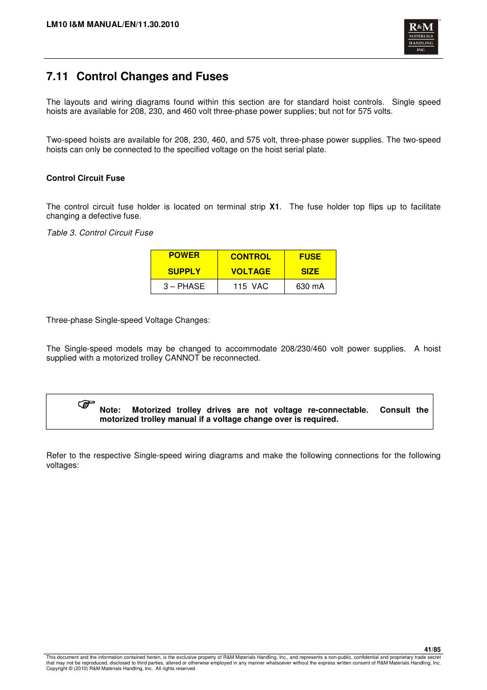 11 control changes and fuses | R&M Materials Handling ELECTRIC CHAIN HOISTS LoadMate Chain Hoist LM 10 User Manual | Page 41 / 85