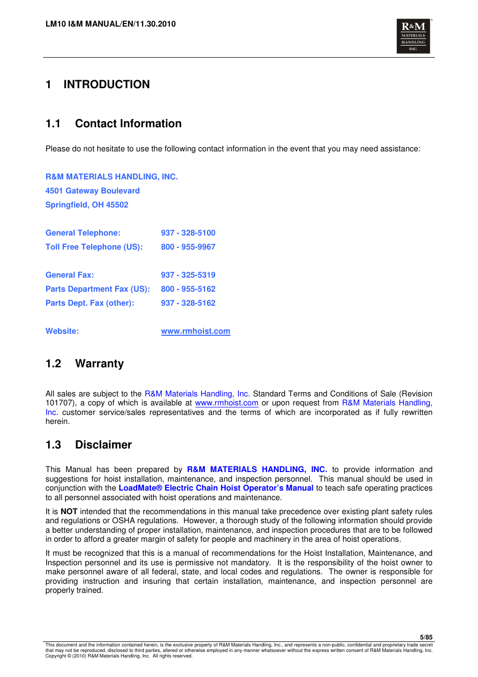 1 introduction, 1 contact information, 2 warranty | 3 disclaimer | R&M Materials Handling ELECTRIC CHAIN HOISTS LoadMate Chain Hoist LM 10 User Manual | Page 5 / 85