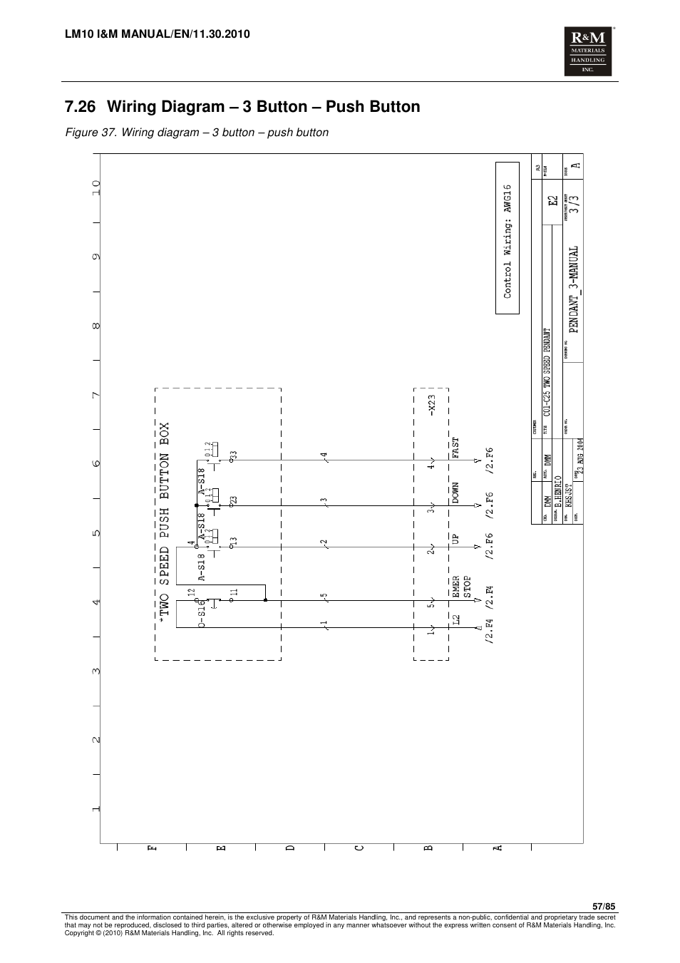 26 wiring diagram – 3 button – push button | R&M Materials Handling ELECTRIC CHAIN HOISTS LoadMate Chain Hoist LM 10 User Manual | Page 57 / 85