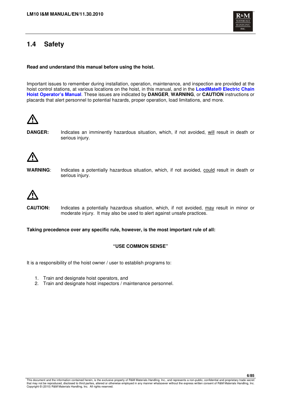 4 safety | R&M Materials Handling ELECTRIC CHAIN HOISTS LoadMate Chain Hoist LM 10 User Manual | Page 6 / 85
