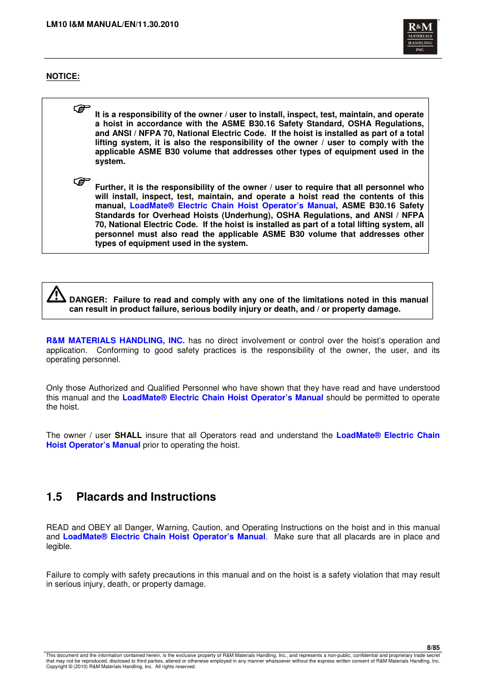 5 placards and instructions | R&M Materials Handling ELECTRIC CHAIN HOISTS LoadMate Chain Hoist LM 10 User Manual | Page 8 / 85