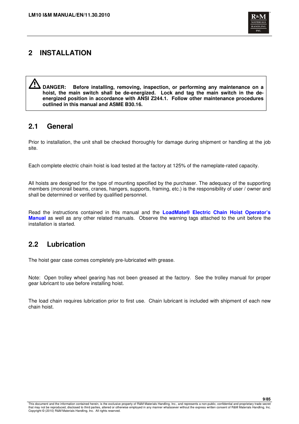 2 installation, 1 general, 2 lubrication | R&M Materials Handling ELECTRIC CHAIN HOISTS LoadMate Chain Hoist LM 10 User Manual | Page 9 / 85