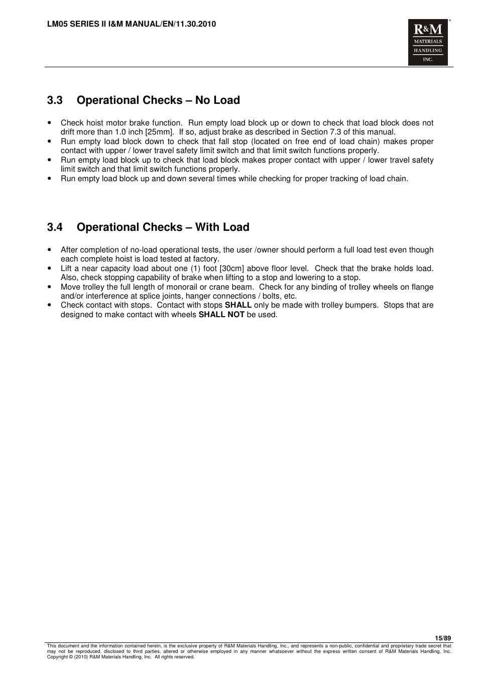 3 operational checks – no load, 4 operational checks – with load | R&M Materials Handling ELECTRIC CHAIN HOISTS LoadMate Chain Hoist LM 5 User Manual | Page 15 / 89