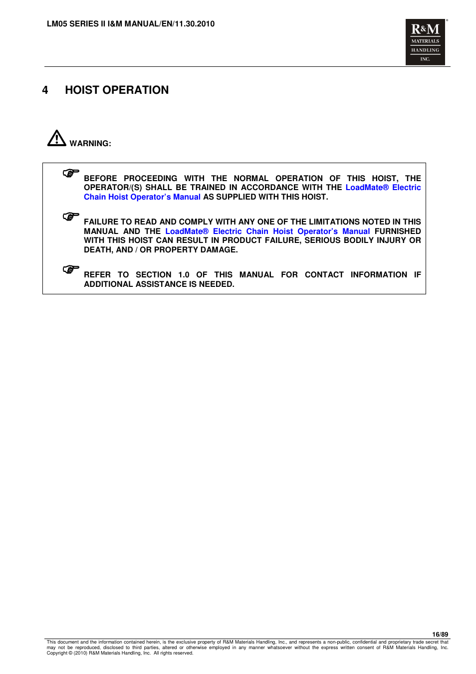 4hoist operation | R&M Materials Handling ELECTRIC CHAIN HOISTS LoadMate Chain Hoist LM 5 User Manual | Page 16 / 89