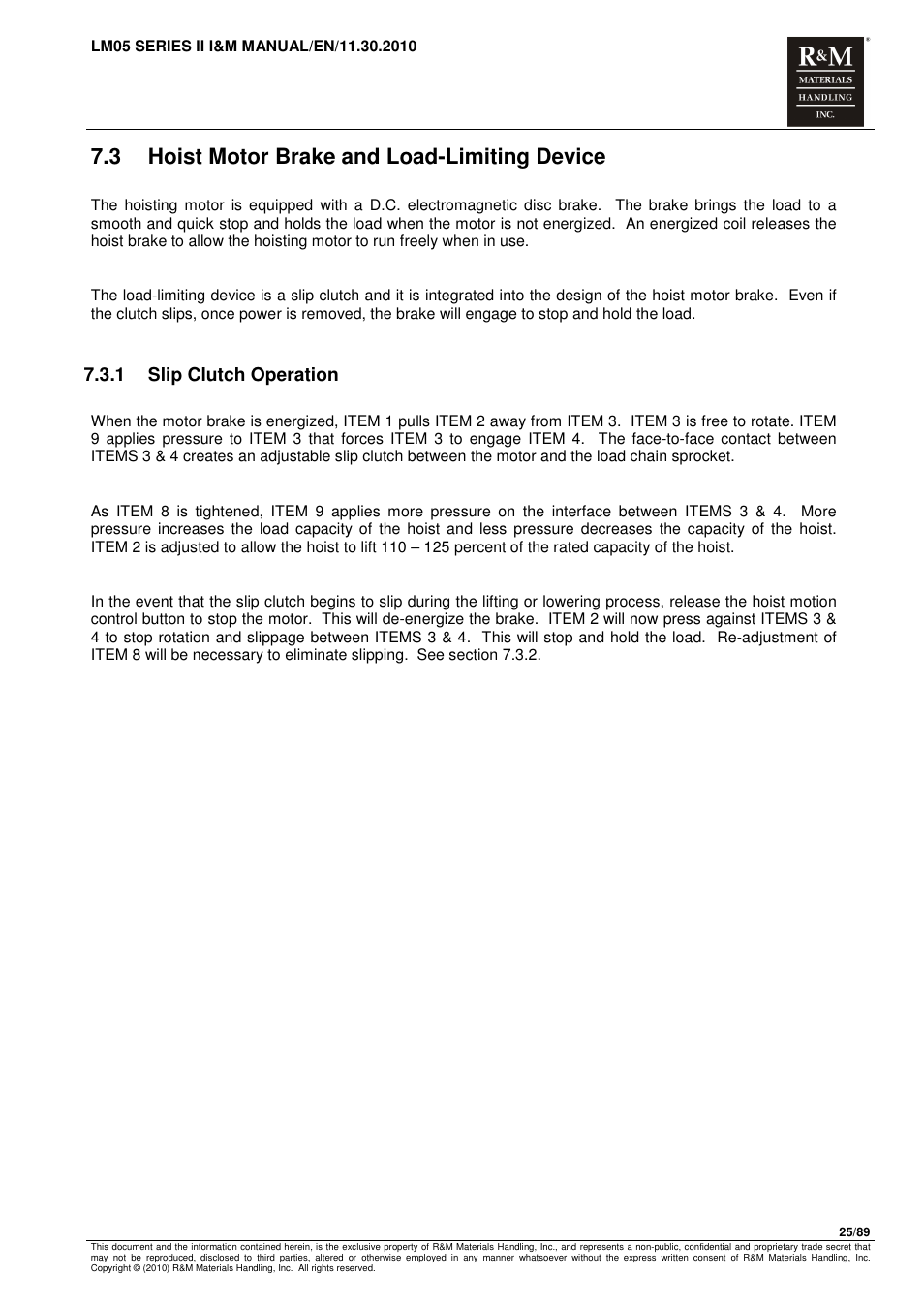 3 hoist motor brake and load-limiting device, 1 slip clutch operation | R&M Materials Handling ELECTRIC CHAIN HOISTS LoadMate Chain Hoist LM 5 User Manual | Page 25 / 89
