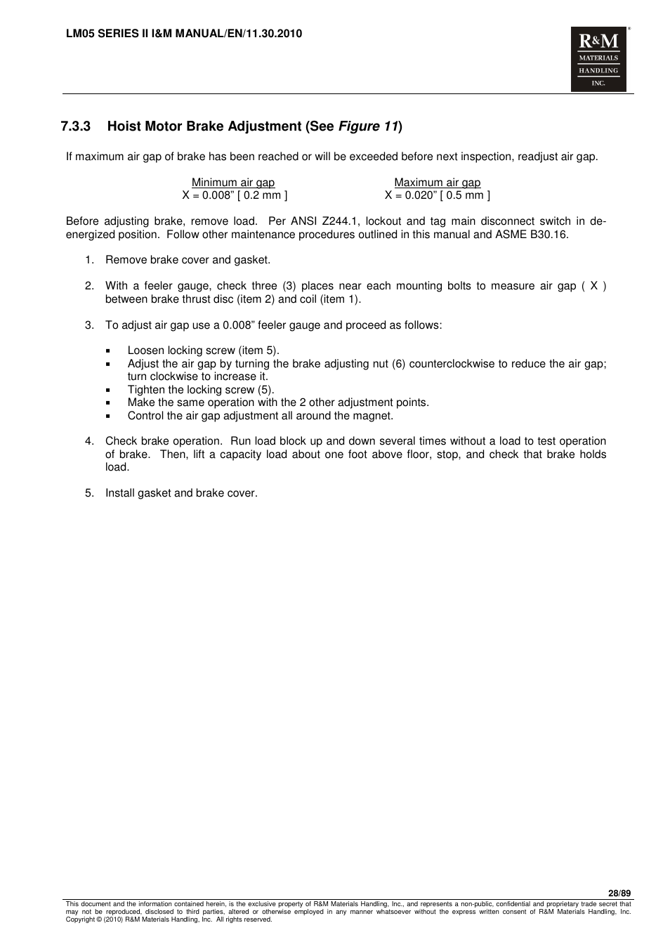 3 hoist motor brake adjustment (see figure 11 ) | R&M Materials Handling ELECTRIC CHAIN HOISTS LoadMate Chain Hoist LM 5 User Manual | Page 28 / 89