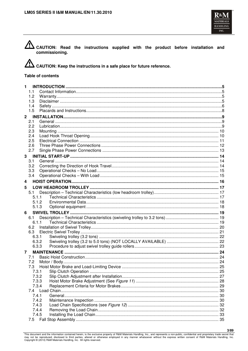 R&M Materials Handling ELECTRIC CHAIN HOISTS LoadMate Chain Hoist LM 5 User Manual | Page 3 / 89