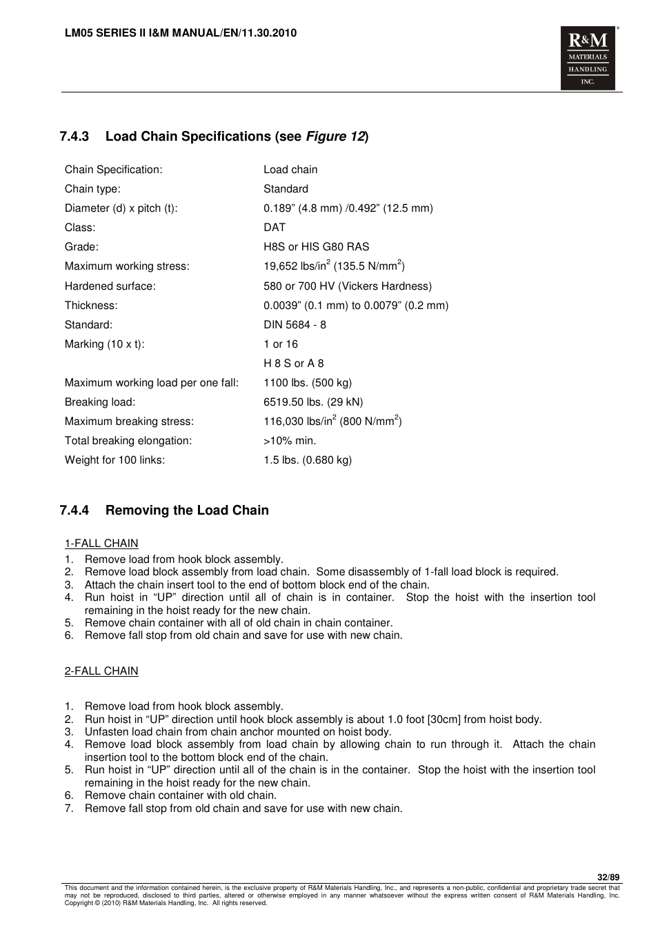 3 load chain specifications (see figure 12 ), 4 removing the load chain | R&M Materials Handling ELECTRIC CHAIN HOISTS LoadMate Chain Hoist LM 5 User Manual | Page 32 / 89