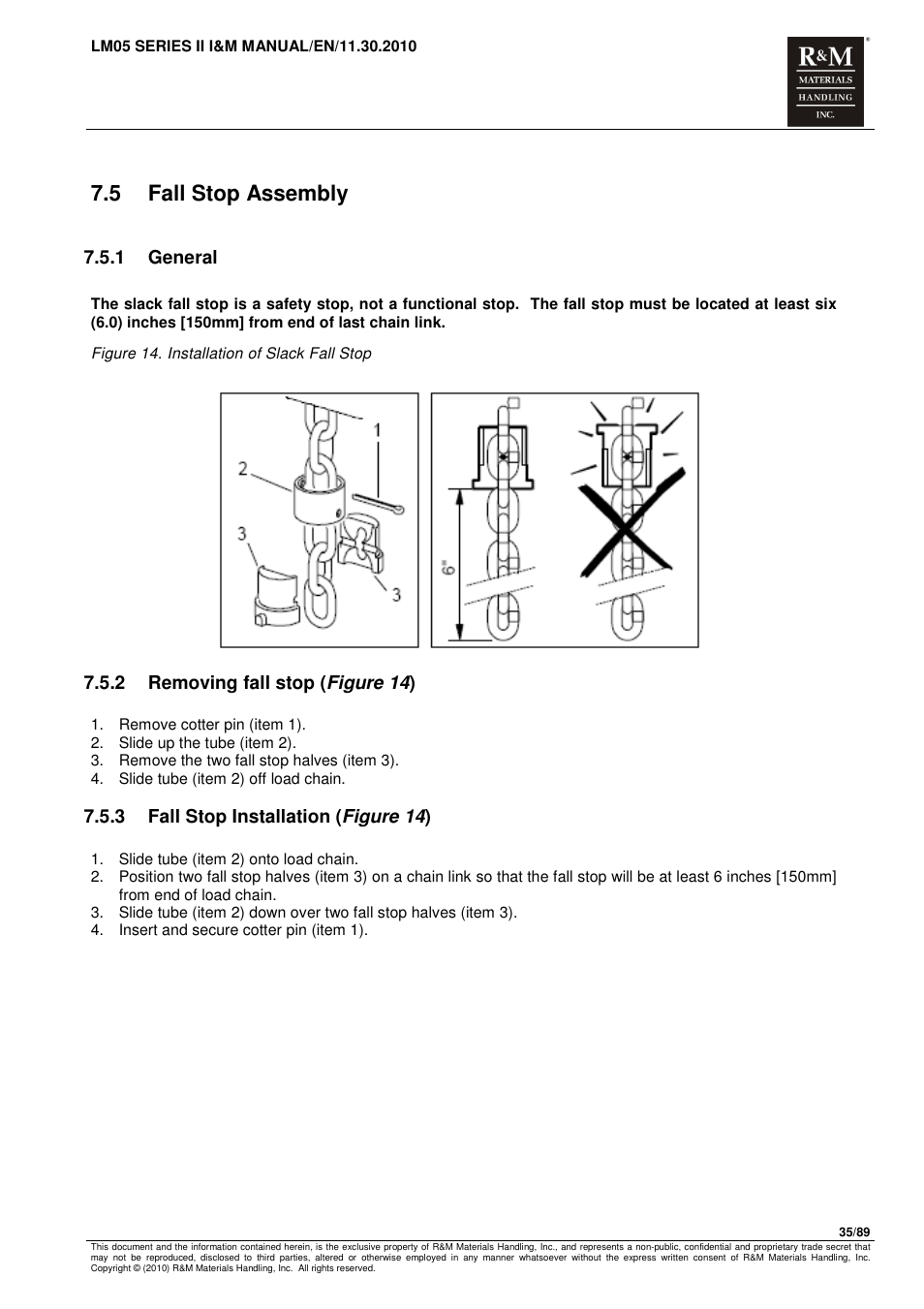 5 fall stop assembly, 1 general, 2 removing fall stop ( figure 14 ) | 3 fall stop installation ( figure 14 ) | R&M Materials Handling ELECTRIC CHAIN HOISTS LoadMate Chain Hoist LM 5 User Manual | Page 35 / 89