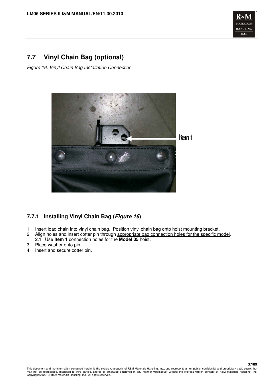 7 vinyl chain bag (optional), 1 installing vinyl chain bag ( figure 16 ) | R&M Materials Handling ELECTRIC CHAIN HOISTS LoadMate Chain Hoist LM 5 User Manual | Page 37 / 89