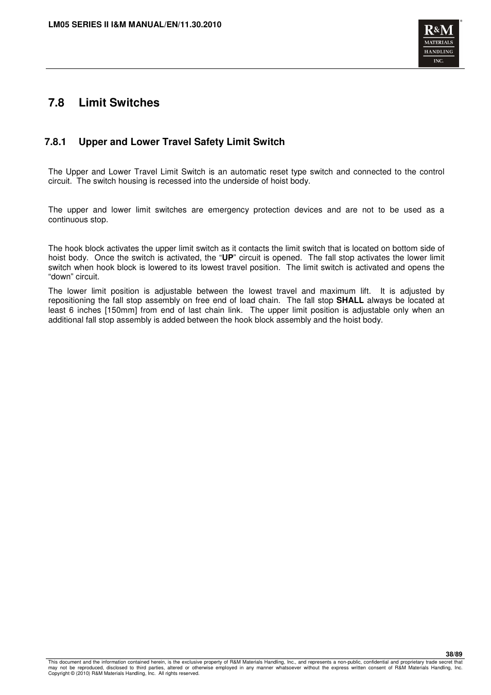 8 limit switches, 1 upper and lower travel safety limit switch | R&M Materials Handling ELECTRIC CHAIN HOISTS LoadMate Chain Hoist LM 5 User Manual | Page 38 / 89