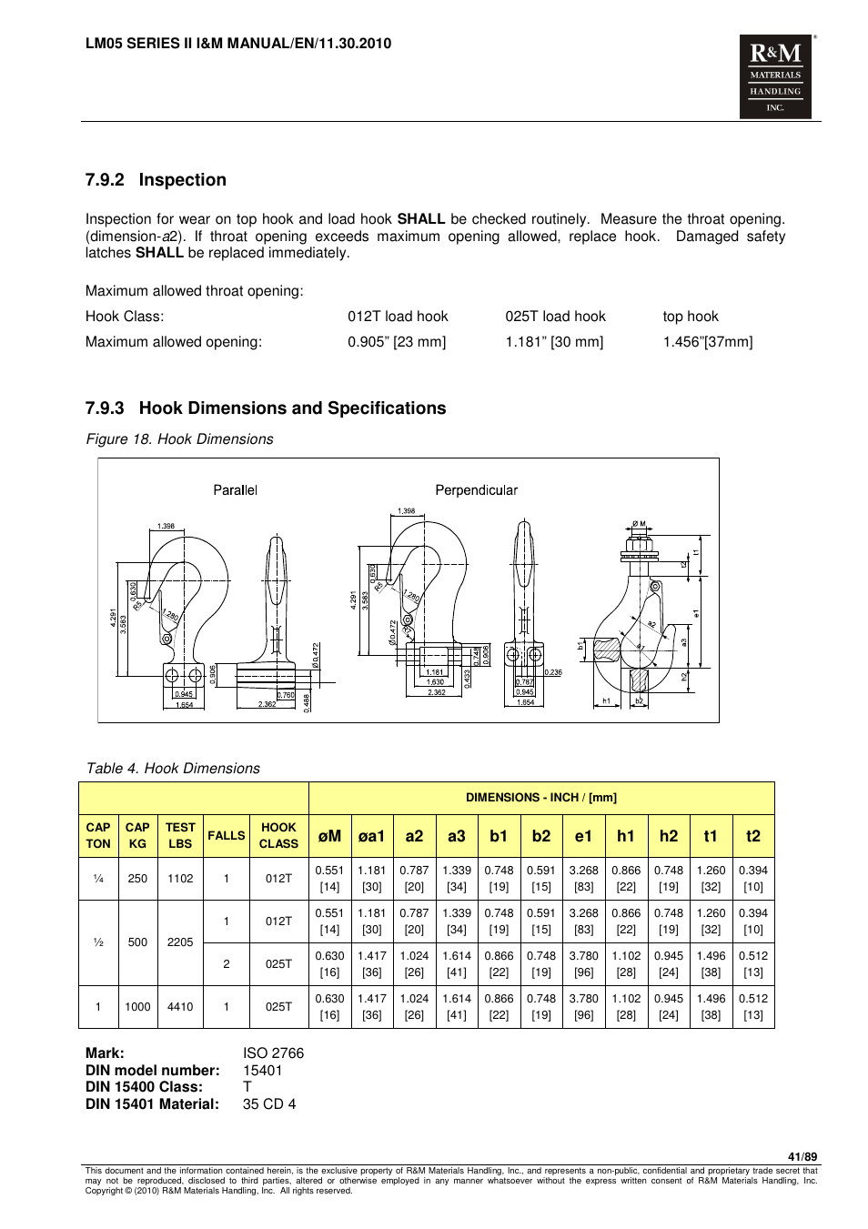 2 inspection, 3 hook dimensions and specifications | R&M Materials Handling ELECTRIC CHAIN HOISTS LoadMate Chain Hoist LM 5 User Manual | Page 41 / 89