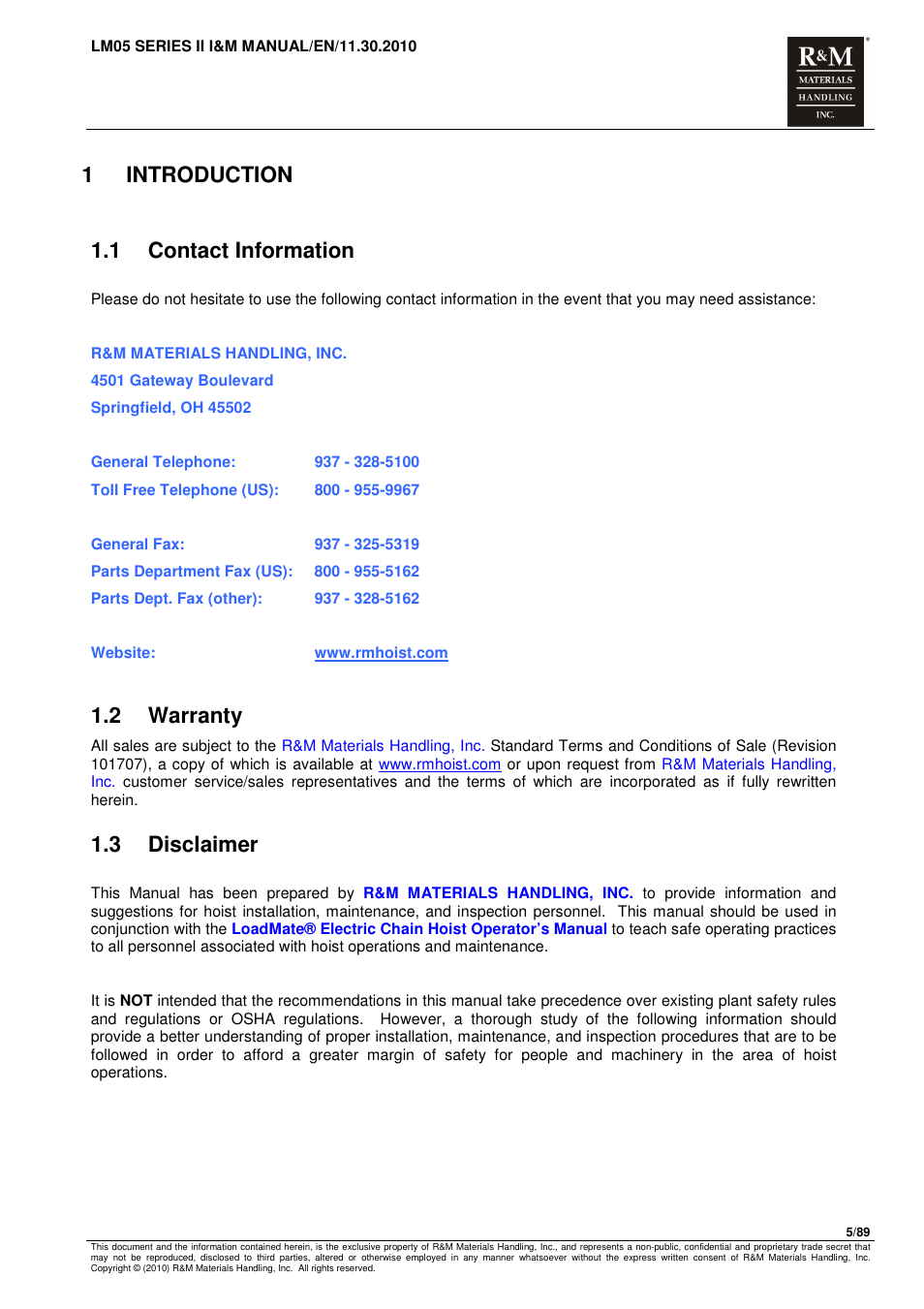 1introduction, 1 contact information, 2 warranty | 3 disclaimer | R&M Materials Handling ELECTRIC CHAIN HOISTS LoadMate Chain Hoist LM 5 User Manual | Page 5 / 89