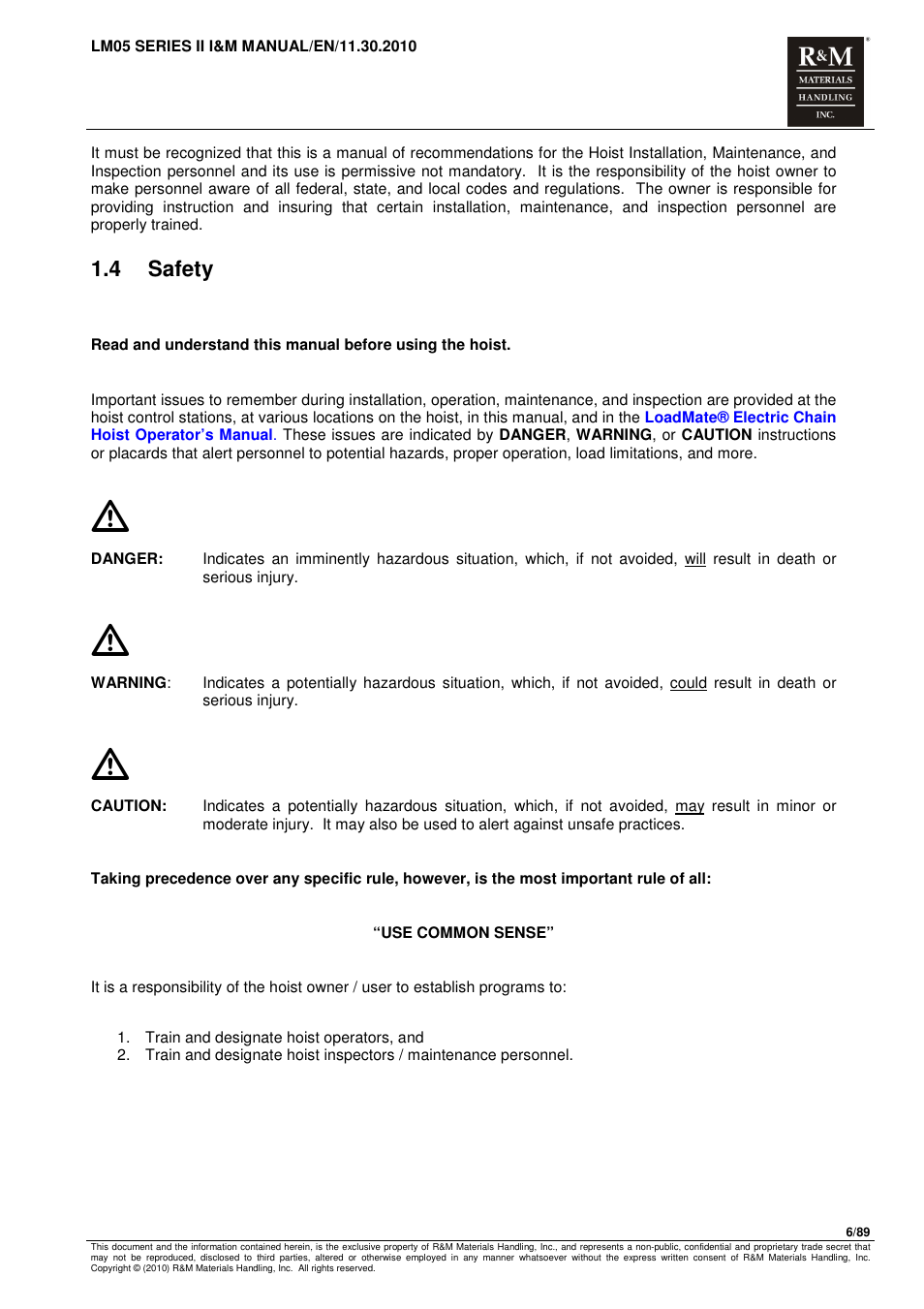 4 safety | R&M Materials Handling ELECTRIC CHAIN HOISTS LoadMate Chain Hoist LM 5 User Manual | Page 6 / 89