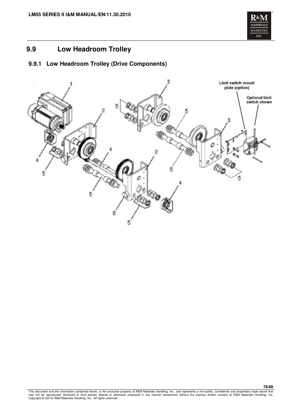 9 low headroom trolley, 1 low headroom trolley (drive components) | R&M Materials Handling ELECTRIC CHAIN HOISTS LoadMate Chain Hoist LM 5 User Manual | Page 78 / 89