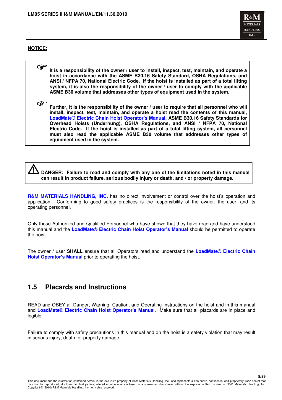 5 placards and instructions | R&M Materials Handling ELECTRIC CHAIN HOISTS LoadMate Chain Hoist LM 5 User Manual | Page 8 / 89