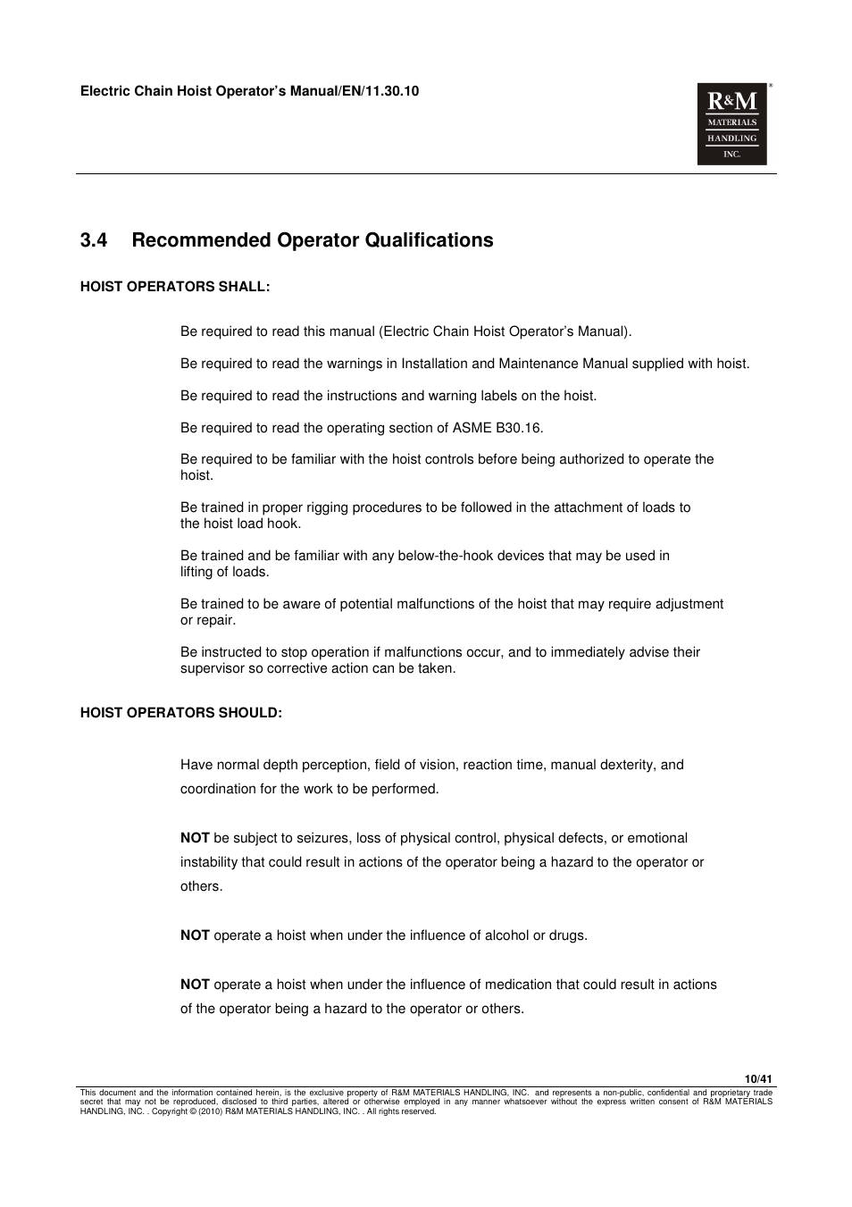 4 recommended operator qualifications | R&M Materials Handling ELECTRIC CHAIN HOISTS LoadMate Chain Hoist General Operation Manual User Manual | Page 11 / 42