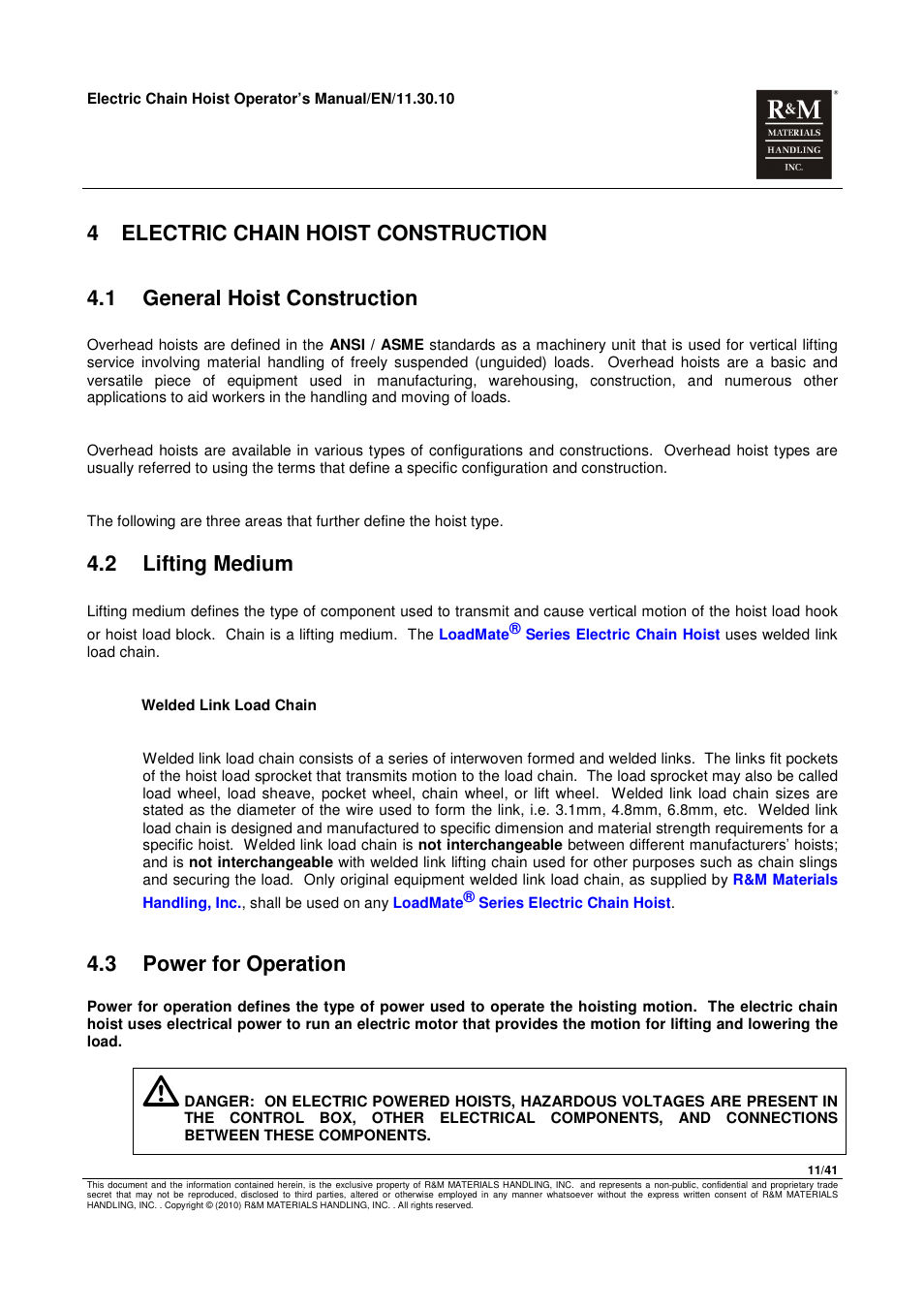 4 electric chain hoist construction, 1 general hoist construction, 2 lifting medium | 3 power for operation | R&M Materials Handling ELECTRIC CHAIN HOISTS LoadMate Chain Hoist General Operation Manual User Manual | Page 12 / 42