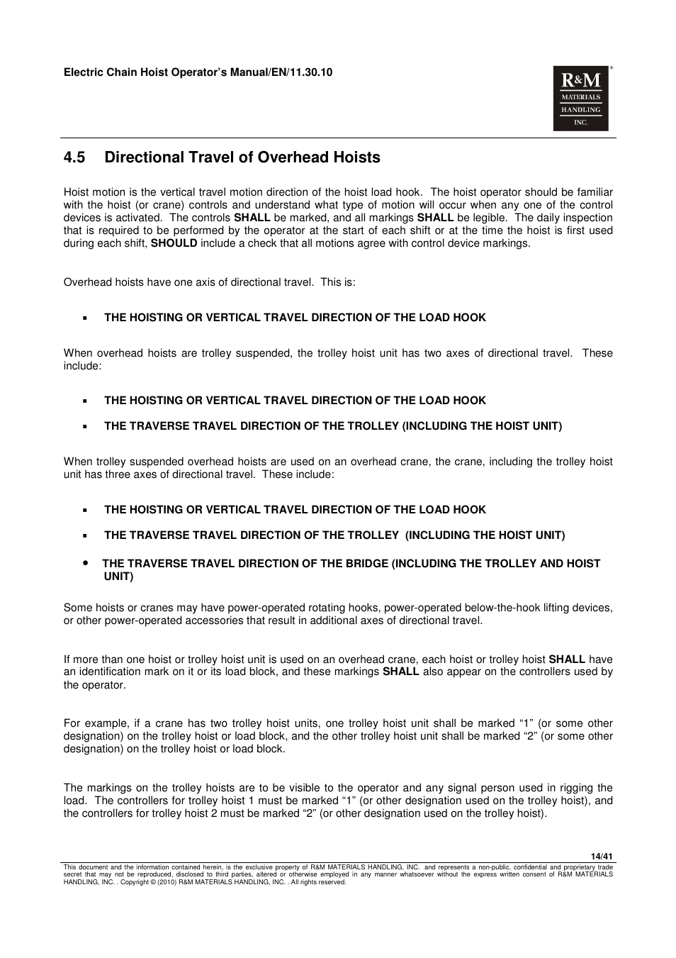 5 directional travel of overhead hoists | R&M Materials Handling ELECTRIC CHAIN HOISTS LoadMate Chain Hoist General Operation Manual User Manual | Page 15 / 42