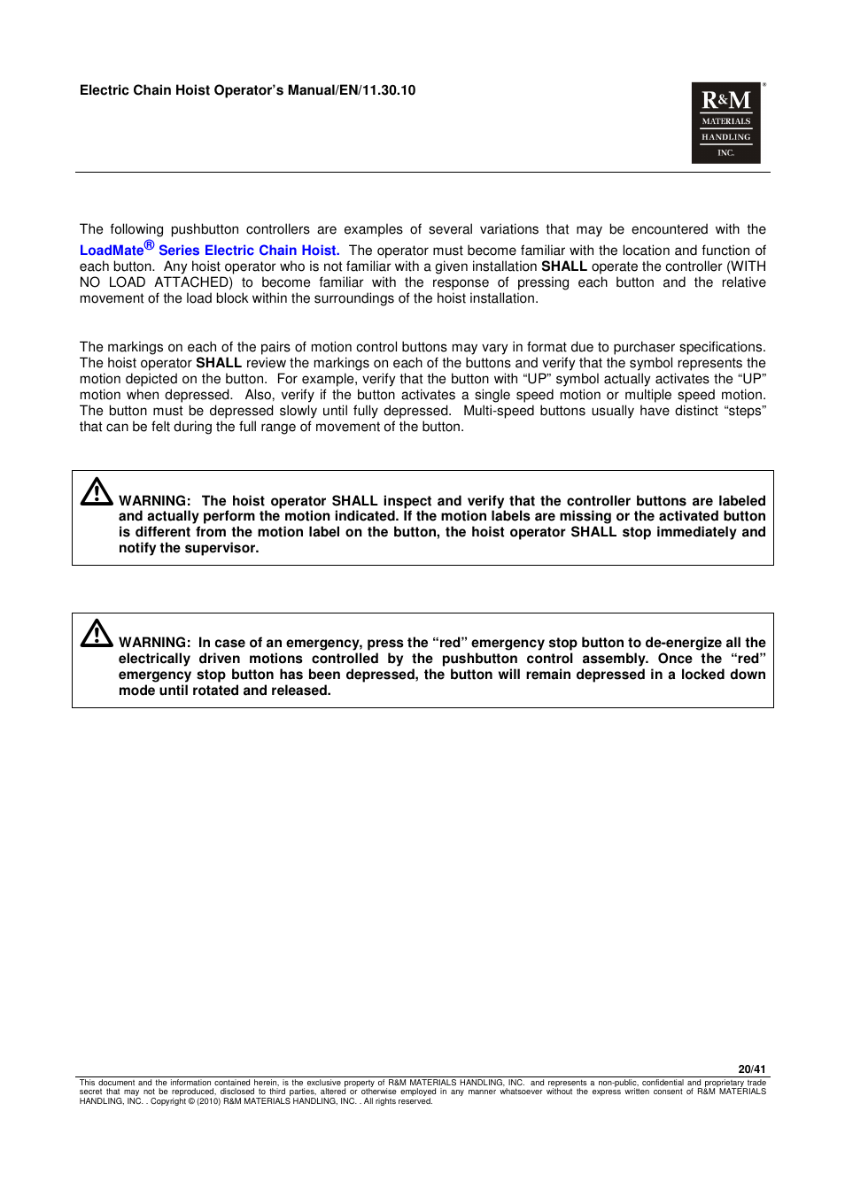 R&M Materials Handling ELECTRIC CHAIN HOISTS LoadMate Chain Hoist General Operation Manual User Manual | Page 21 / 42