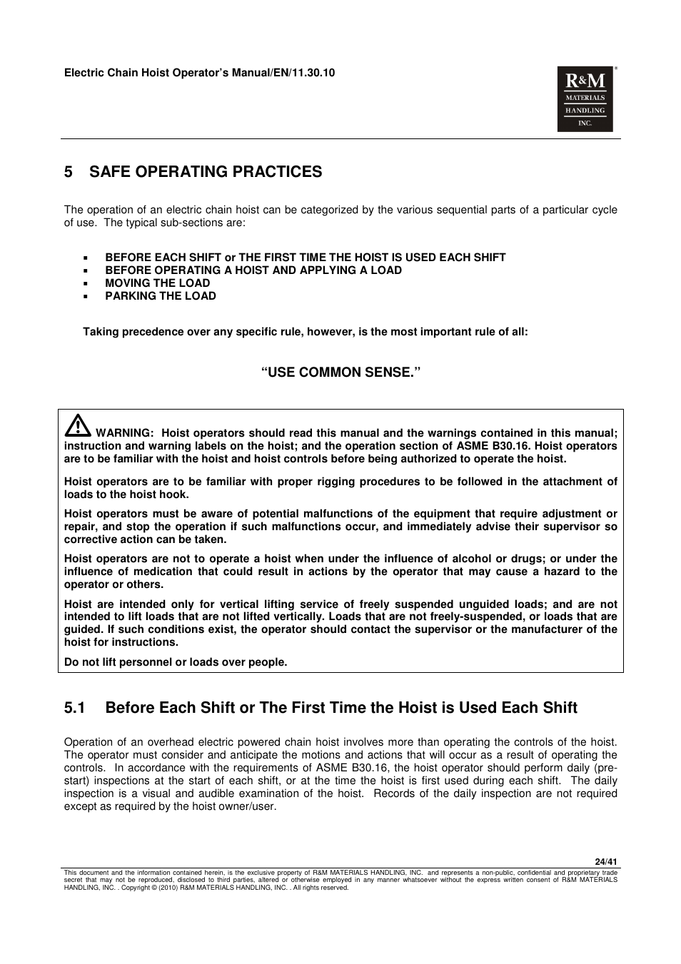 5 safe operating practices | R&M Materials Handling ELECTRIC CHAIN HOISTS LoadMate Chain Hoist General Operation Manual User Manual | Page 25 / 42