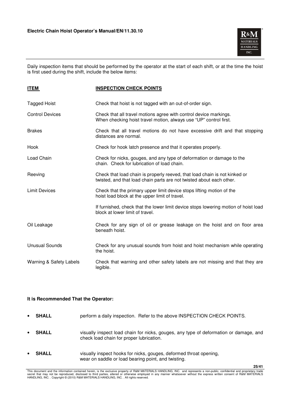 R&M Materials Handling ELECTRIC CHAIN HOISTS LoadMate Chain Hoist General Operation Manual User Manual | Page 26 / 42