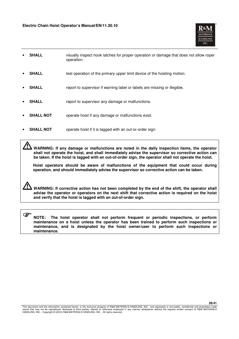R&M Materials Handling ELECTRIC CHAIN HOISTS LoadMate Chain Hoist General Operation Manual User Manual | Page 27 / 42