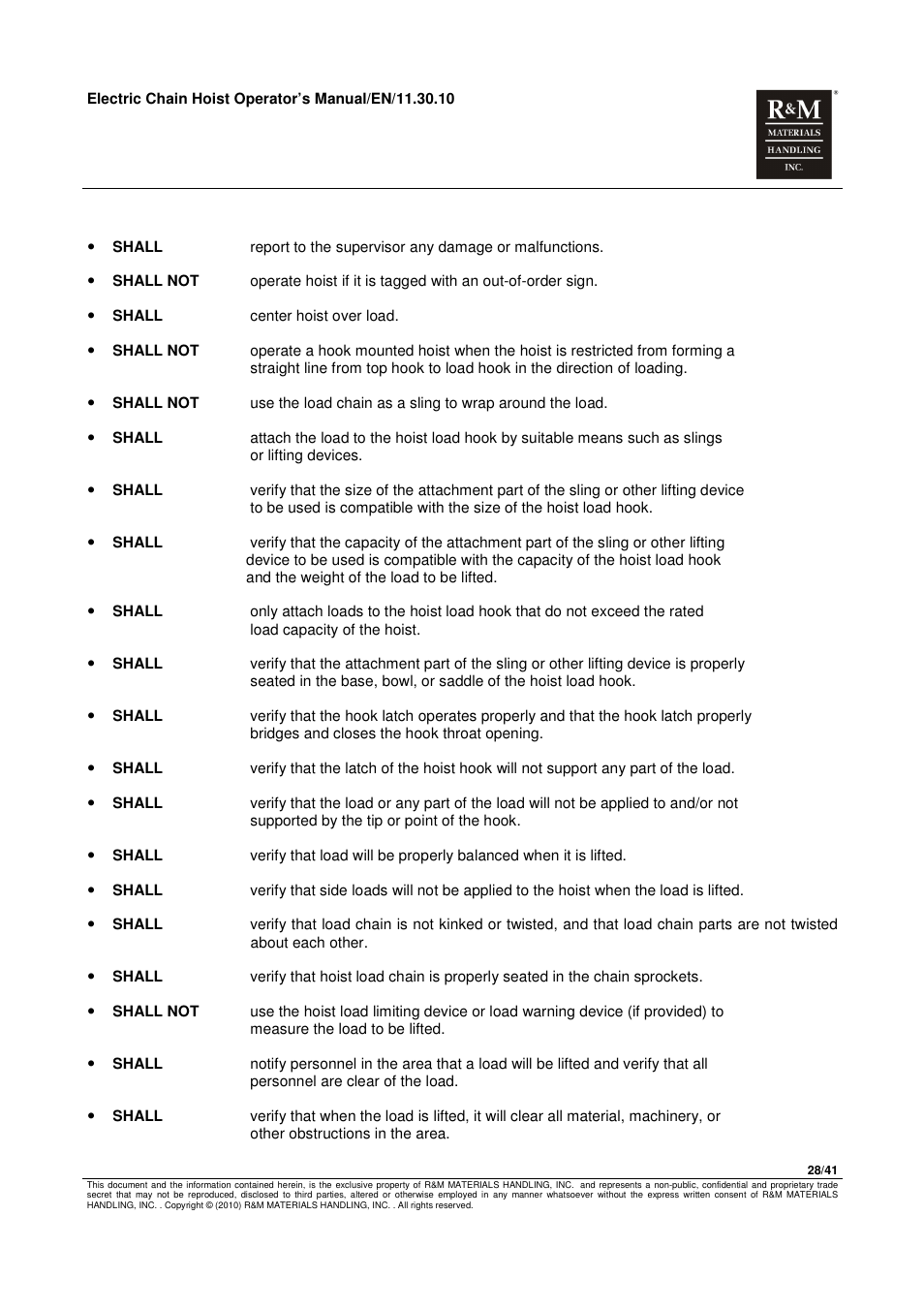 R&M Materials Handling ELECTRIC CHAIN HOISTS LoadMate Chain Hoist General Operation Manual User Manual | Page 29 / 42