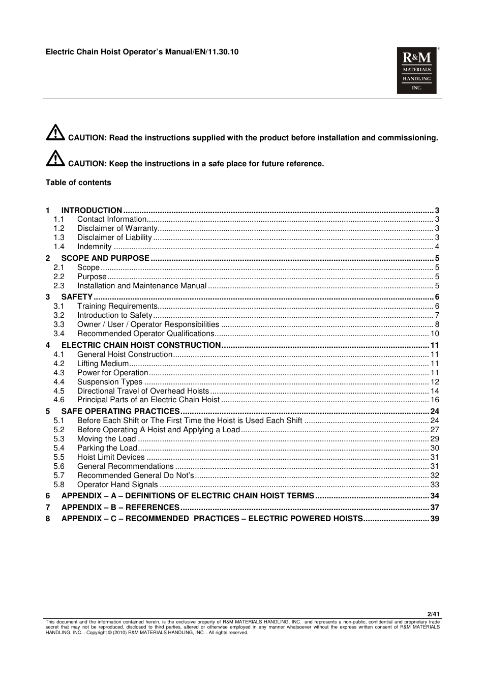 R&M Materials Handling ELECTRIC CHAIN HOISTS LoadMate Chain Hoist General Operation Manual User Manual | Page 3 / 42