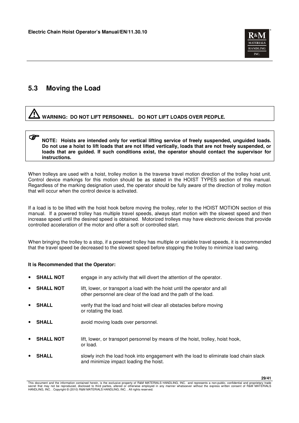 3 moving the load | R&M Materials Handling ELECTRIC CHAIN HOISTS LoadMate Chain Hoist General Operation Manual User Manual | Page 30 / 42