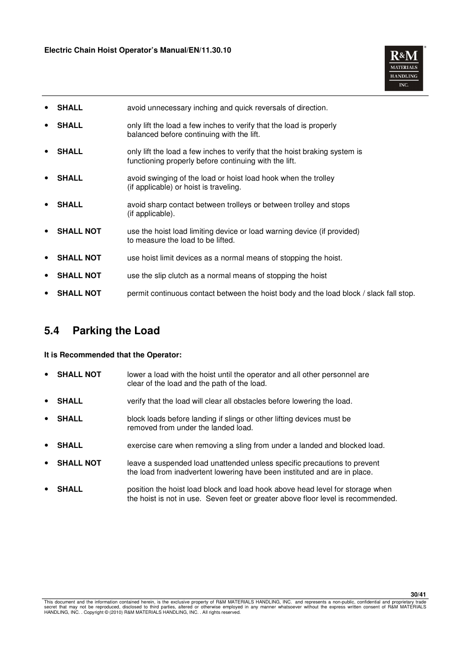 4 parking the load | R&M Materials Handling ELECTRIC CHAIN HOISTS LoadMate Chain Hoist General Operation Manual User Manual | Page 31 / 42