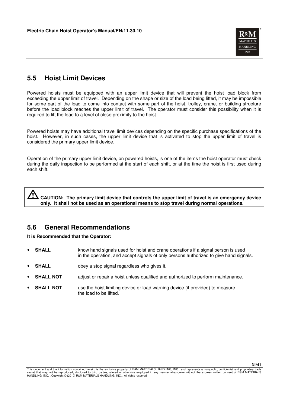 5 hoist limit devices, 6 general recommendations | R&M Materials Handling ELECTRIC CHAIN HOISTS LoadMate Chain Hoist General Operation Manual User Manual | Page 32 / 42