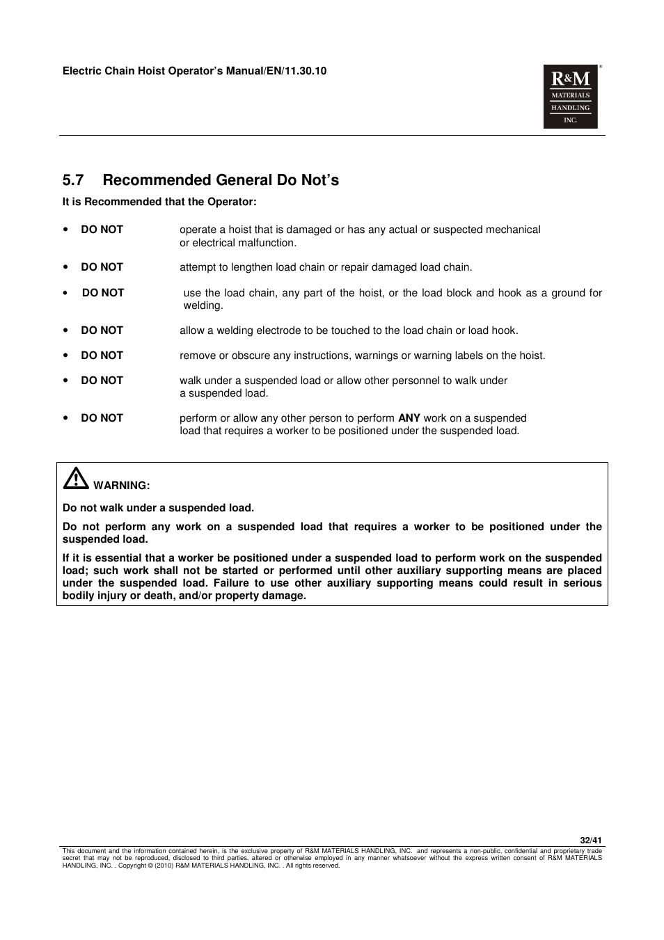 7 recommended general do not’s | R&M Materials Handling ELECTRIC CHAIN HOISTS LoadMate Chain Hoist General Operation Manual User Manual | Page 33 / 42