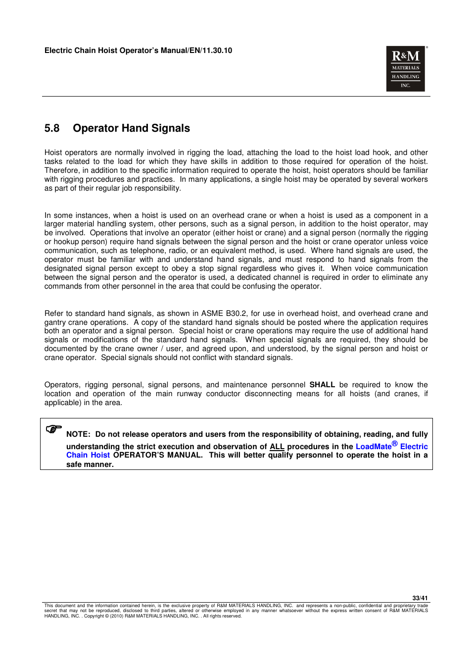 8 operator hand signals | R&M Materials Handling ELECTRIC CHAIN HOISTS LoadMate Chain Hoist General Operation Manual User Manual | Page 34 / 42