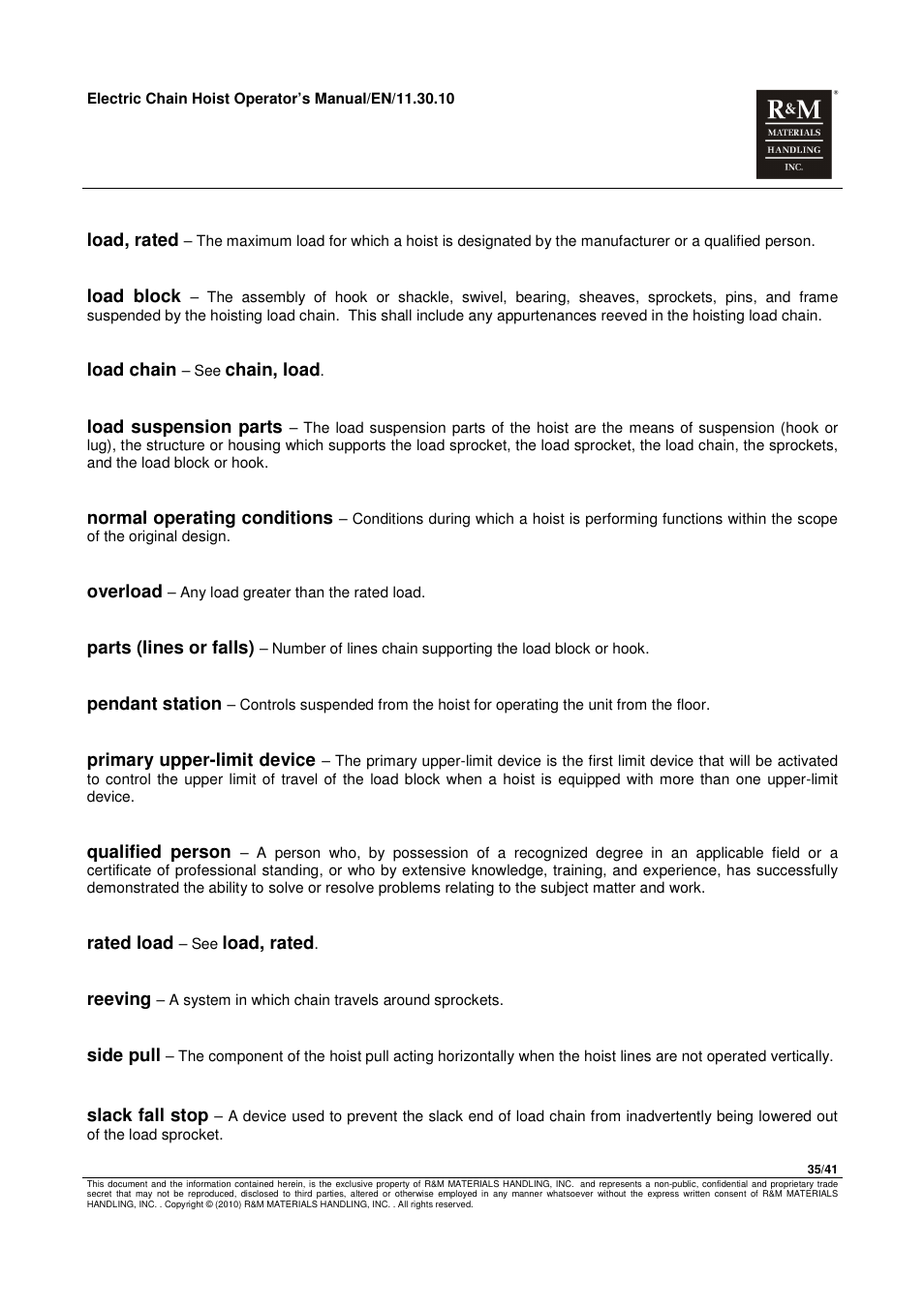 R&M Materials Handling ELECTRIC CHAIN HOISTS LoadMate Chain Hoist General Operation Manual User Manual | Page 36 / 42