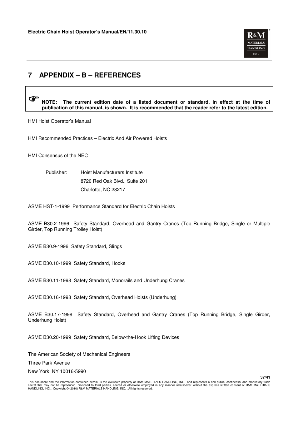 7 appendix – b – references | R&M Materials Handling ELECTRIC CHAIN HOISTS LoadMate Chain Hoist General Operation Manual User Manual | Page 38 / 42