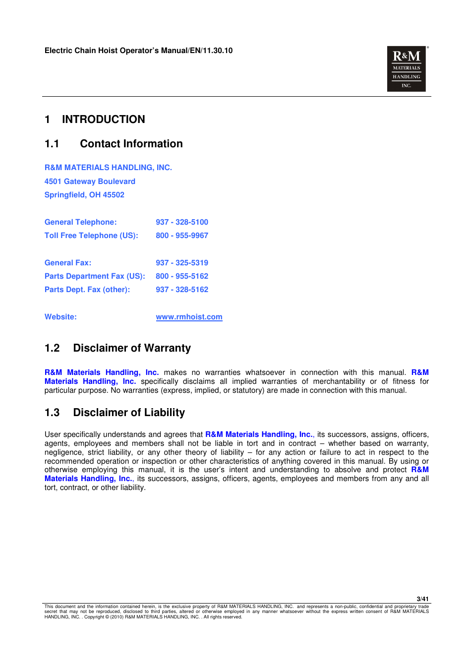 1 introduction 1.1 contact information, 2 disclaimer of warranty, 3 disclaimer of liability | R&M Materials Handling ELECTRIC CHAIN HOISTS LoadMate Chain Hoist General Operation Manual User Manual | Page 4 / 42