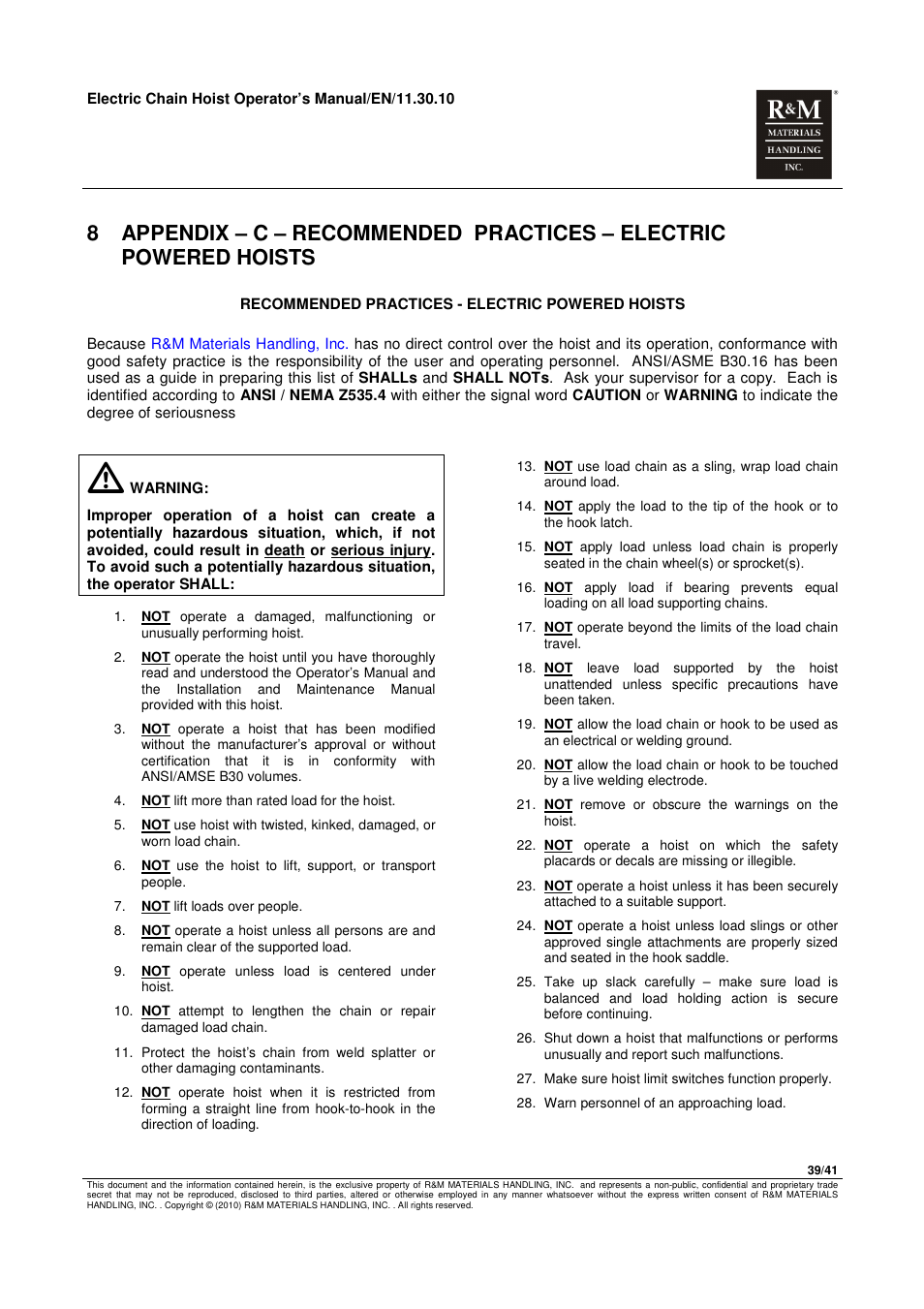 R&M Materials Handling ELECTRIC CHAIN HOISTS LoadMate Chain Hoist General Operation Manual User Manual | Page 40 / 42