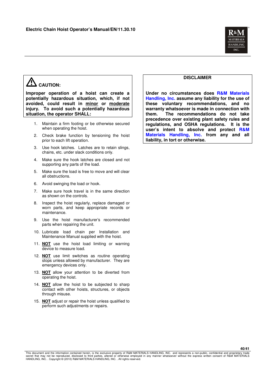 R&M Materials Handling ELECTRIC CHAIN HOISTS LoadMate Chain Hoist General Operation Manual User Manual | Page 41 / 42