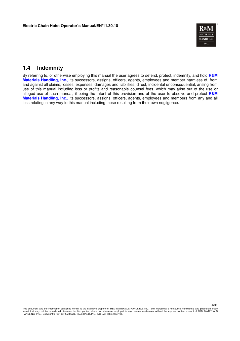 4 indemnity | R&M Materials Handling ELECTRIC CHAIN HOISTS LoadMate Chain Hoist General Operation Manual User Manual | Page 5 / 42