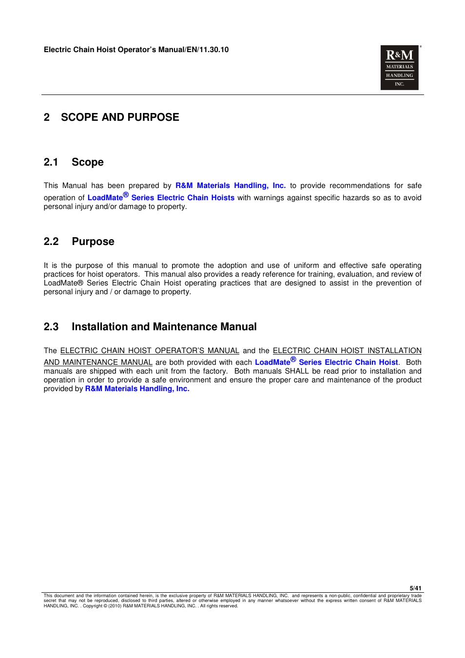 2 scope and purpose, 1 scope, 2 purpose | 3 installation and maintenance manual | R&M Materials Handling ELECTRIC CHAIN HOISTS LoadMate Chain Hoist General Operation Manual User Manual | Page 6 / 42